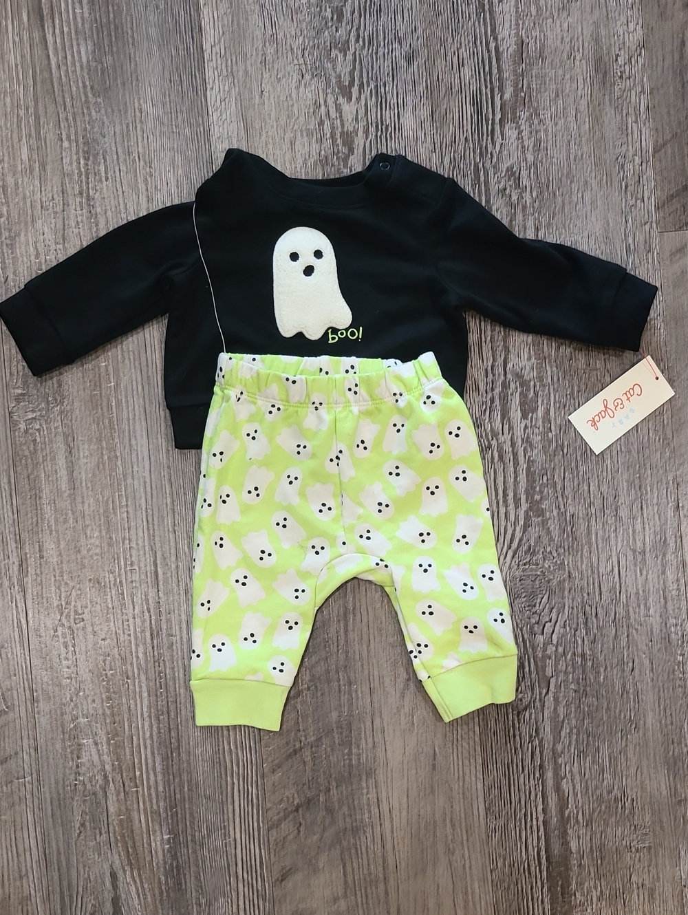 Cat & Jack Black Top with Lime Green Ghost-Print Pants Kids Costume Set Size 0-3 - Picture 2 of 2
